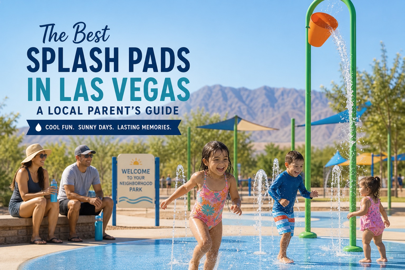 Kids playing at a family-friendly Las Vegas splash pad on a sunny summer morning
