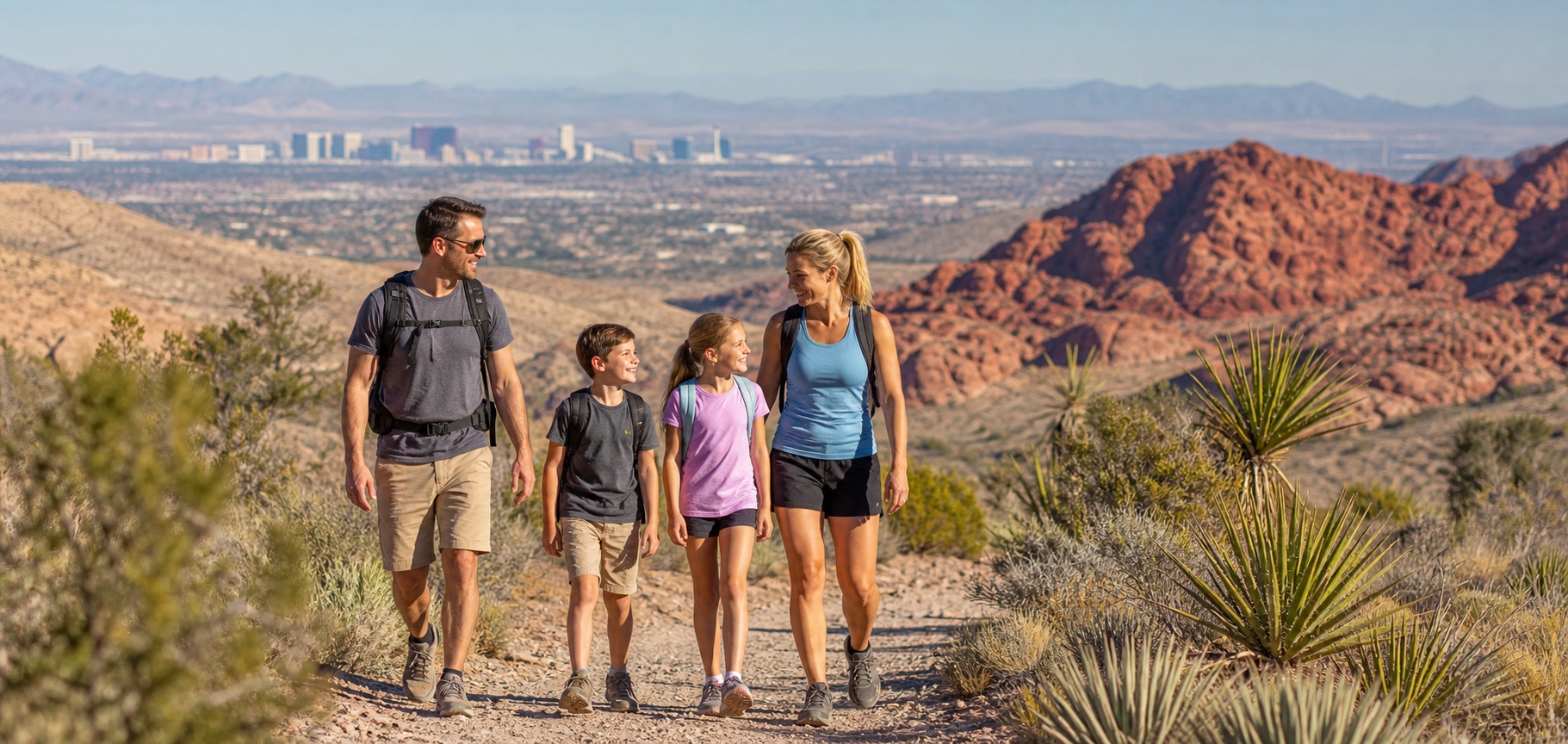 Family walking a desert trail near red rocks in Las Vegas, away from the Strip