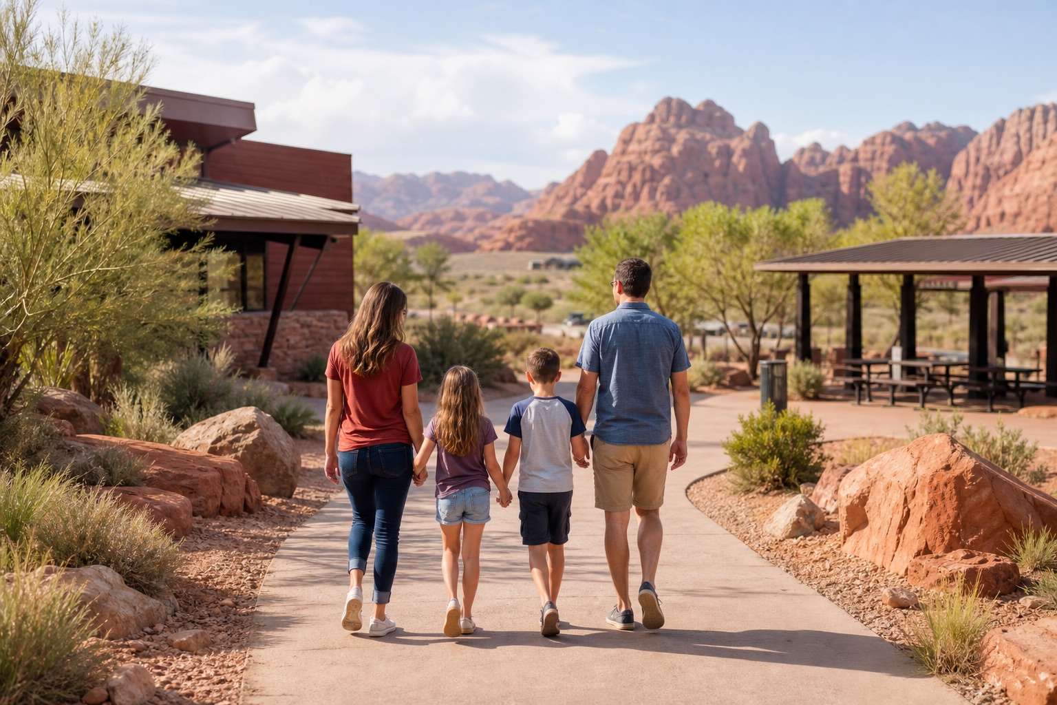 Family walking a sunny Las Vegas desert path away from casinos