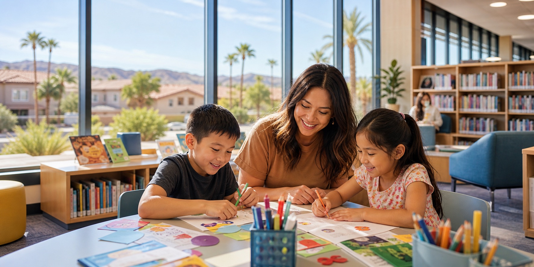 Parent and children enjoying a free indoor Las Vegas library activity away from the Strip