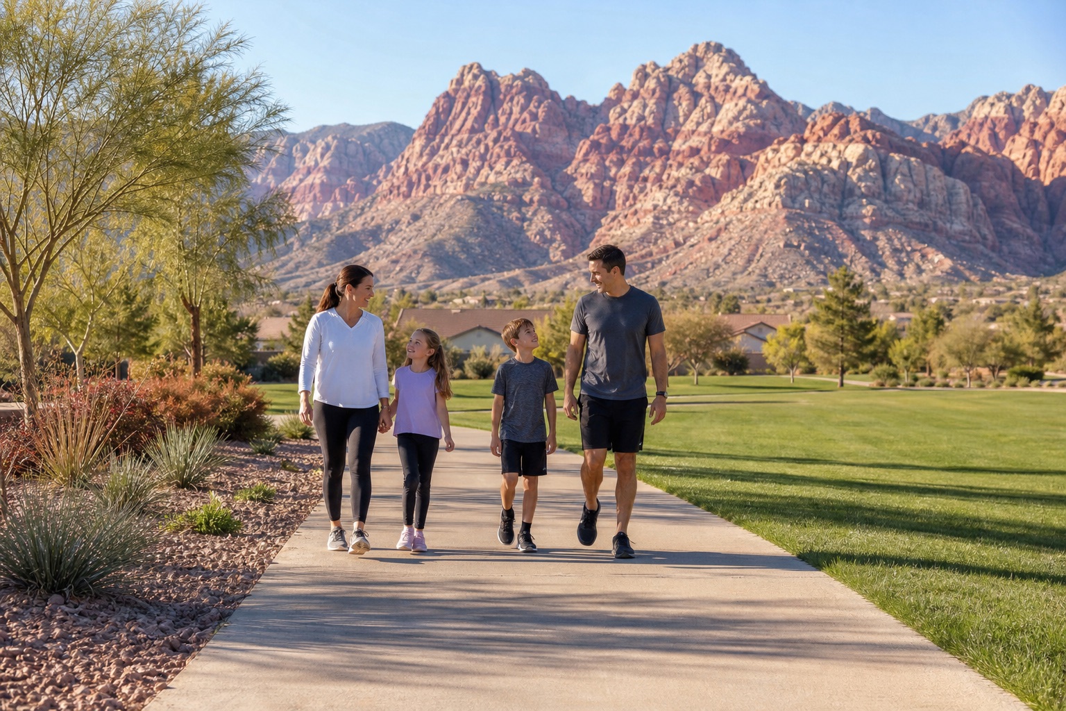 Family walking a Summerlin park path with Red Rock Canyon mountains in the distance