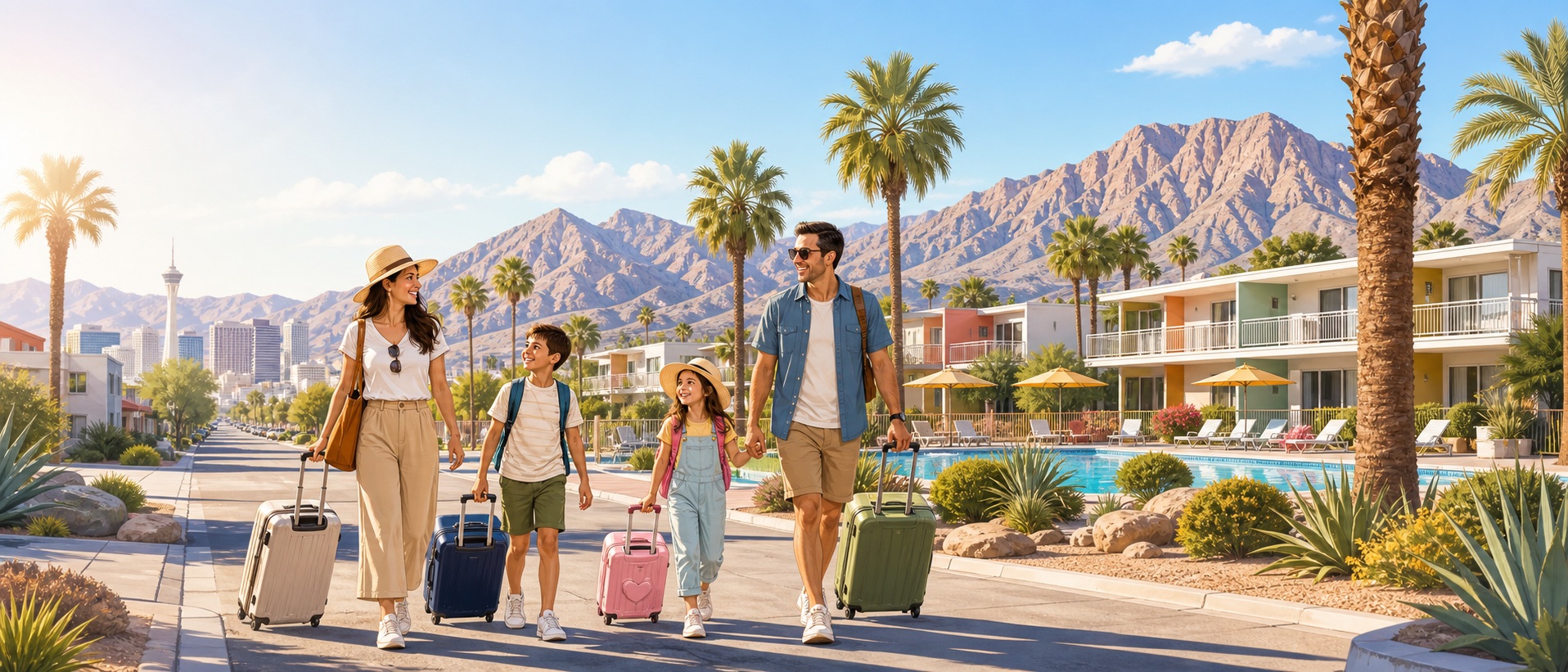 Family walking with a teenager near an off-Strip Las Vegas resort pool and desert mountains