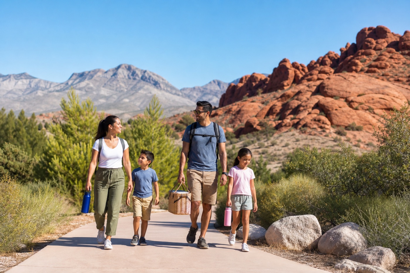 Family walking through a sunny off-Strip Las Vegas desert park with water bottles and a picnic bag