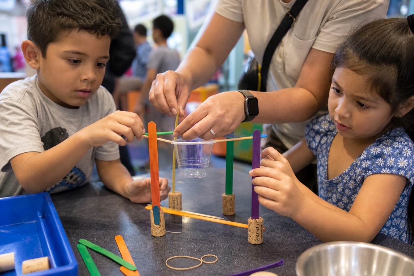 Overhead view of kids and a parent doing a hands-on science activity at an indoor children’s museum table