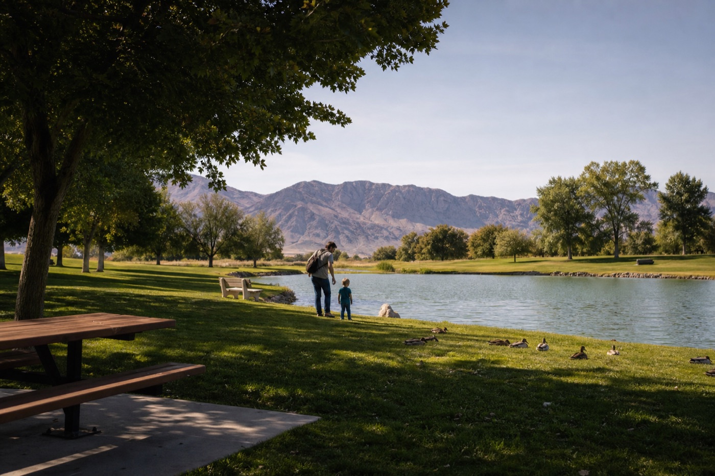 Floyd Lamb Park pond and shaded picnic area for a family day in northwest Las Vegas