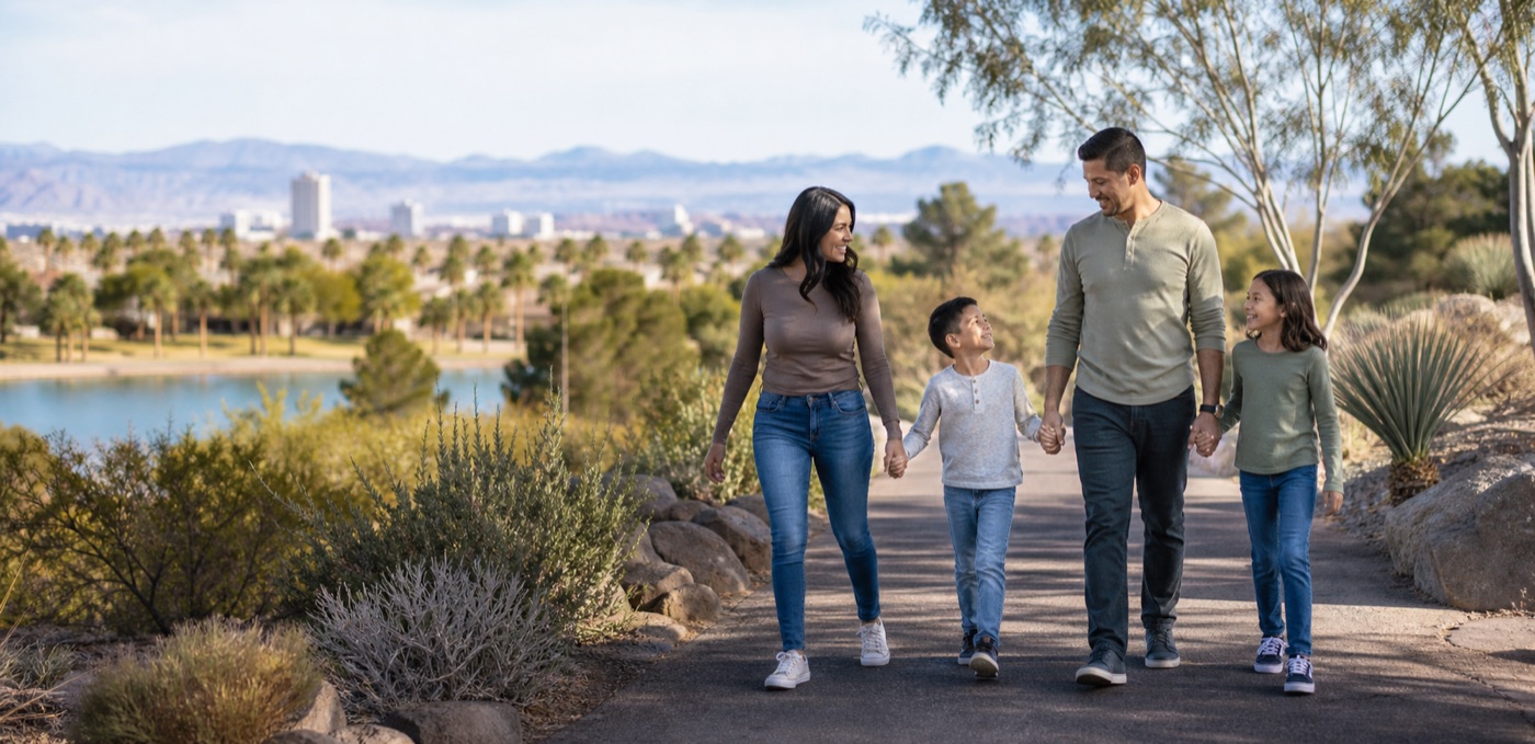 Family walking a desert park path in Las Vegas morning light, away from the Strip