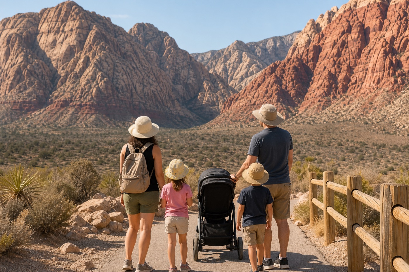 Family walking toward red sandstone cliffs at Red Rock Canyon near Las Vegas