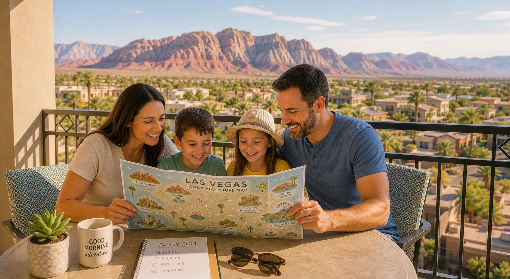 Family planning a calm Las Vegas hotel stay with neighborhoods and mountains in the background
