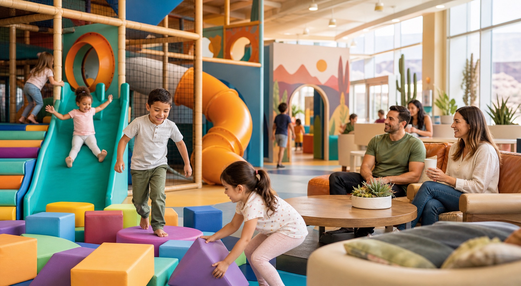 Kids playing in a bright indoor playground in Las Vegas with parents nearby.