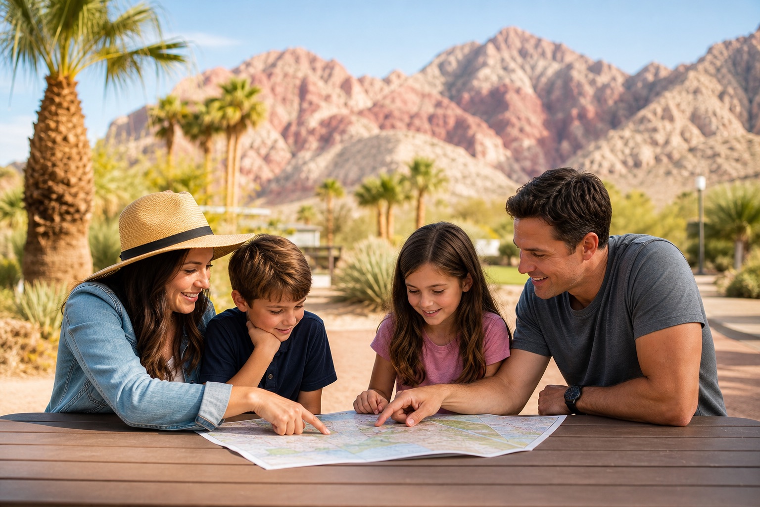 Family planning a kid-friendly Las Vegas day with desert mountains in the background