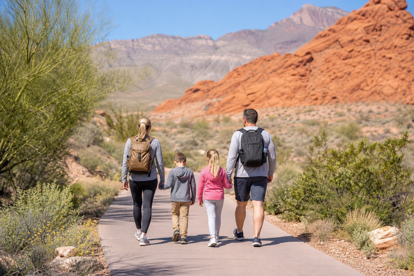 Family walking a sunny Las Vegas desert park path with red rock hills in the distance