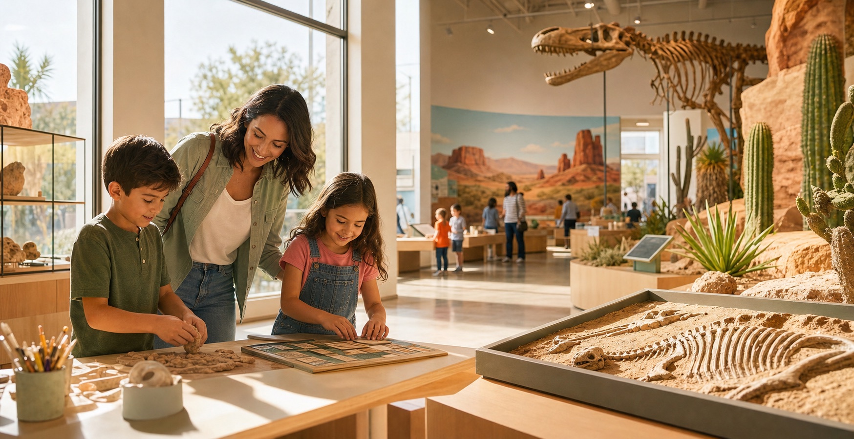 Family exploring a bright Las Vegas museum gallery with fossils, art, and kid-friendly science displays