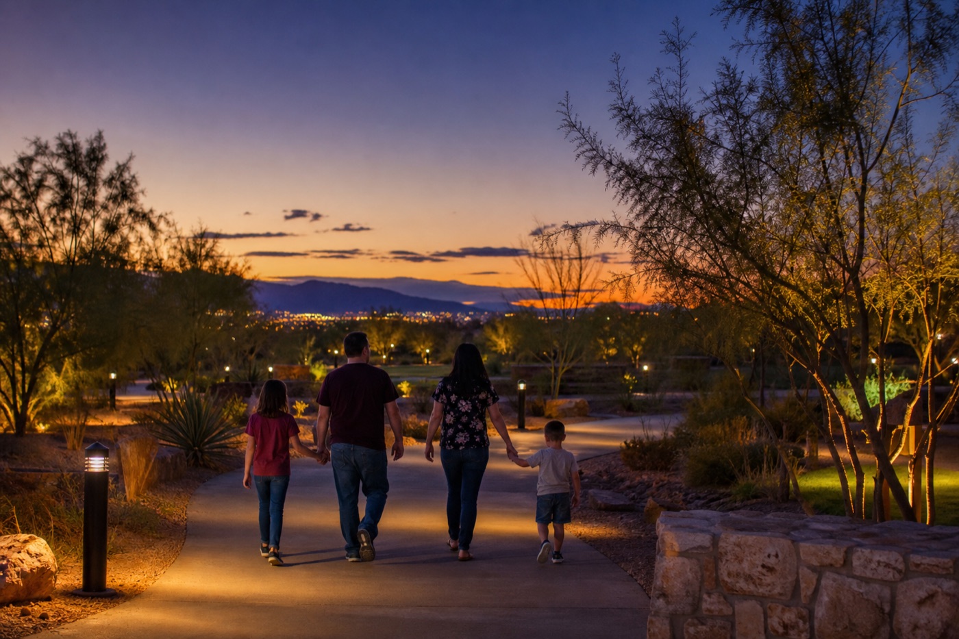 Family walking in Las Vegas at blue hour for a kid-friendly evening plan