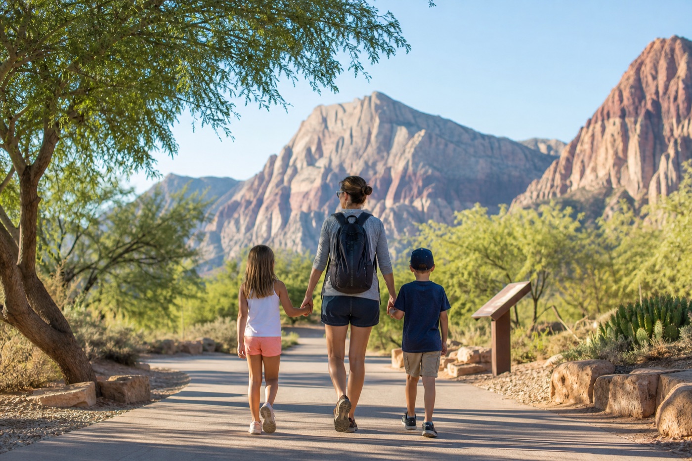 A family walking through a quiet off-Strip Las Vegas desert park path in morning light.