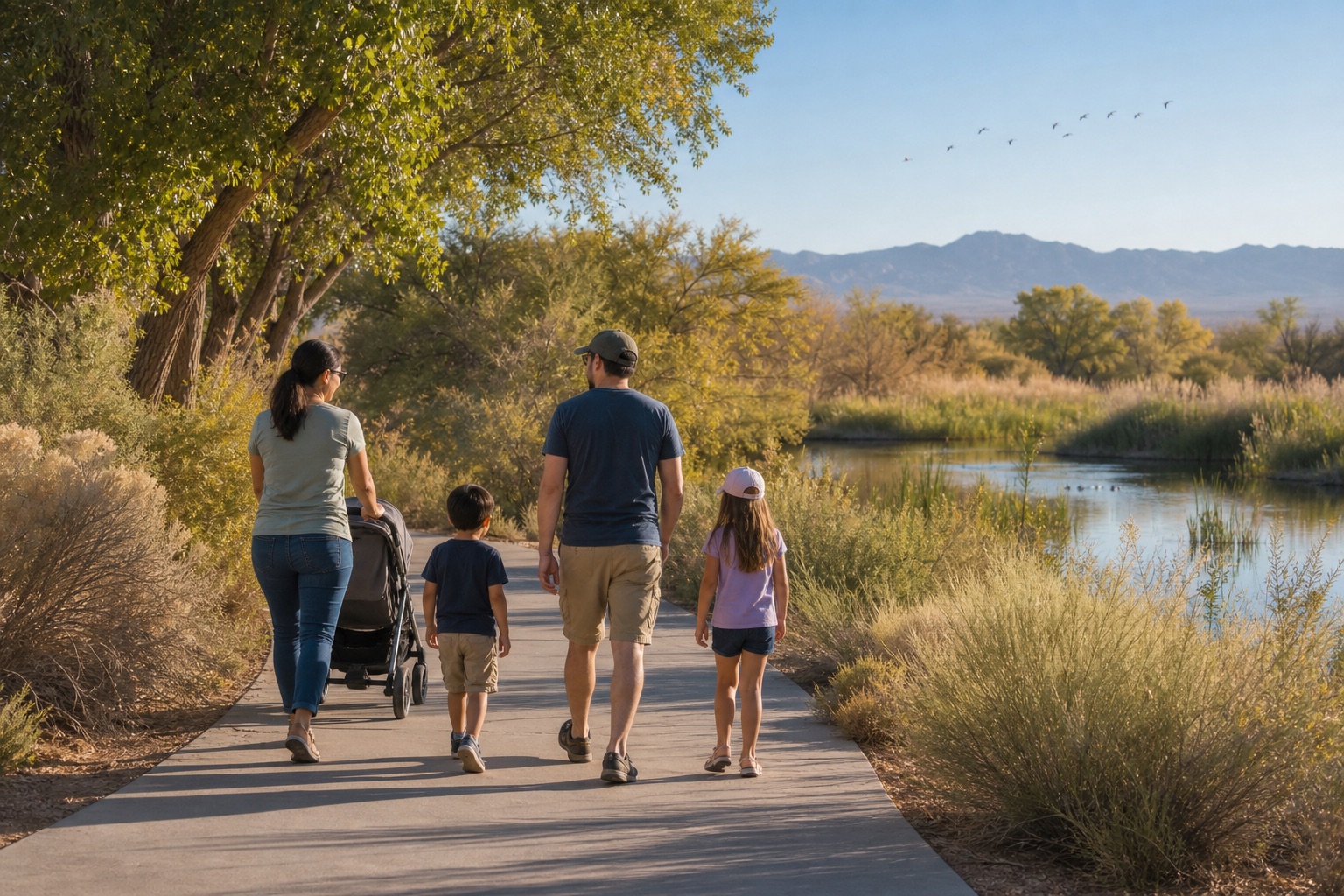 Family walking a paved nature trail at Wetlands Park in Las Vegas with desert plants and birds nearby
