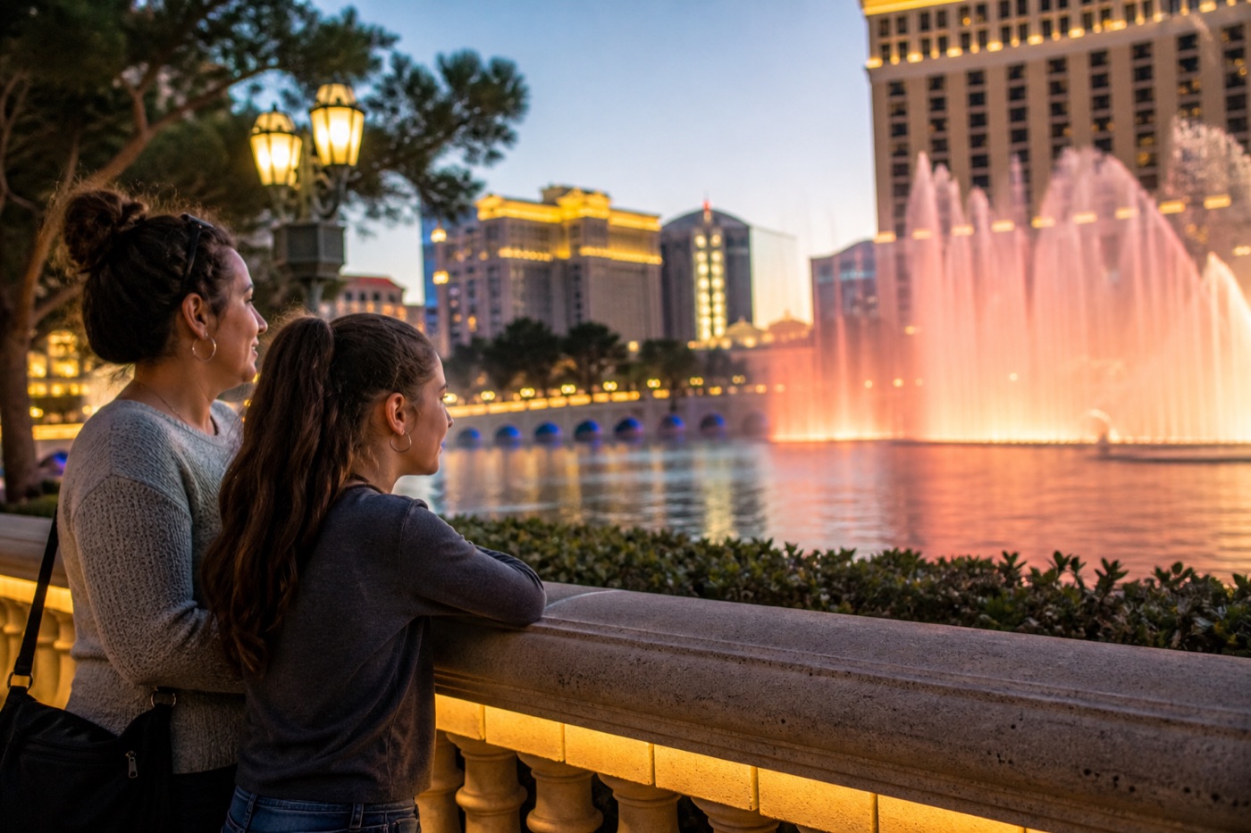Family friendly Las Vegas free fountain show viewed from a public sidewalk at night
