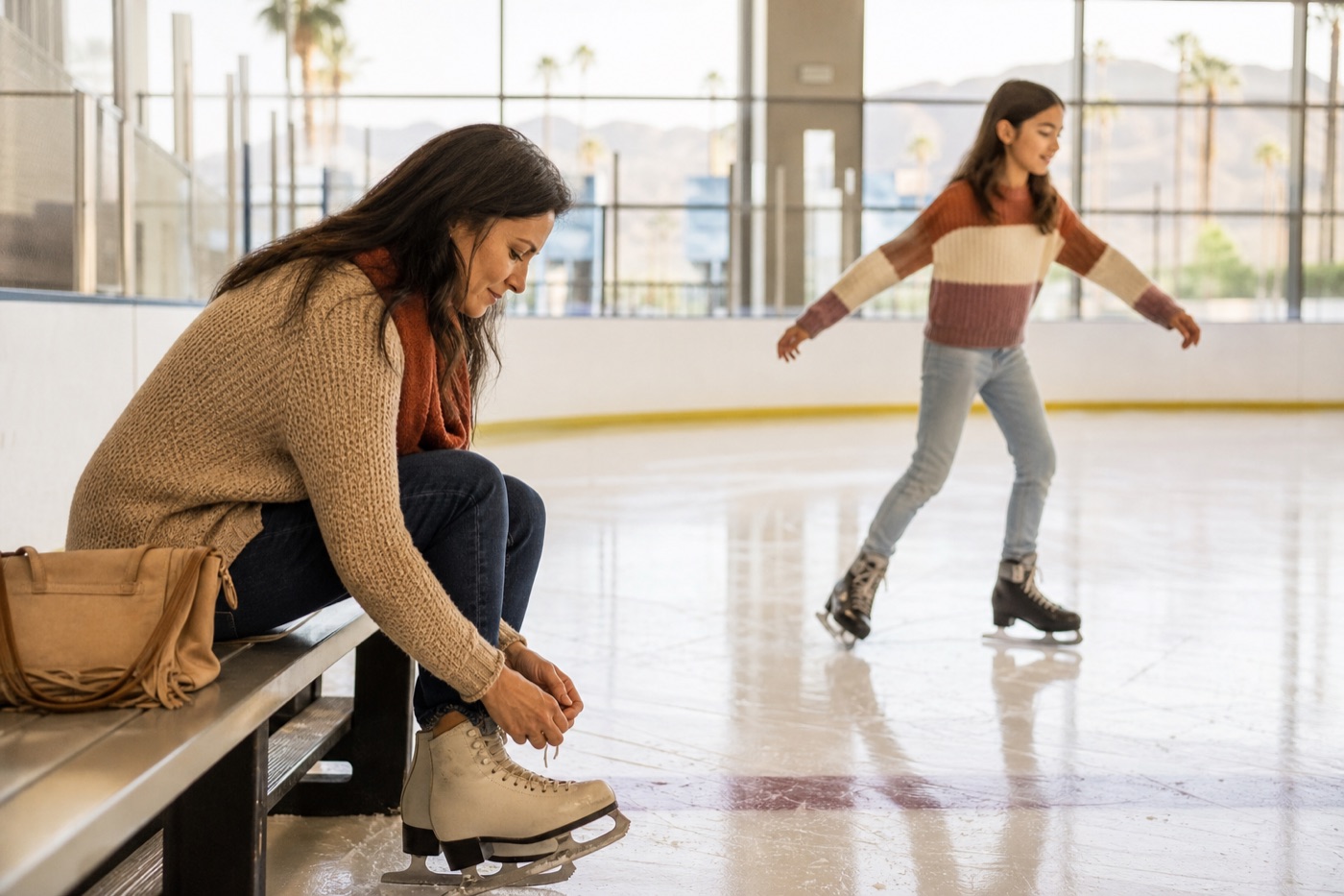 Parent helping a child with skates at an indoor ice rink in Las Vegas