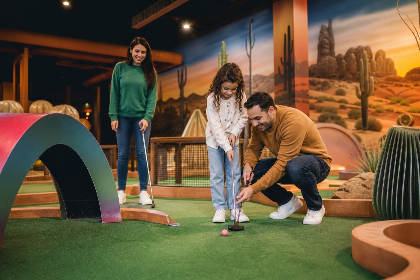 Indoor mini golf in Las Vegas with a parent and child lining up a putt