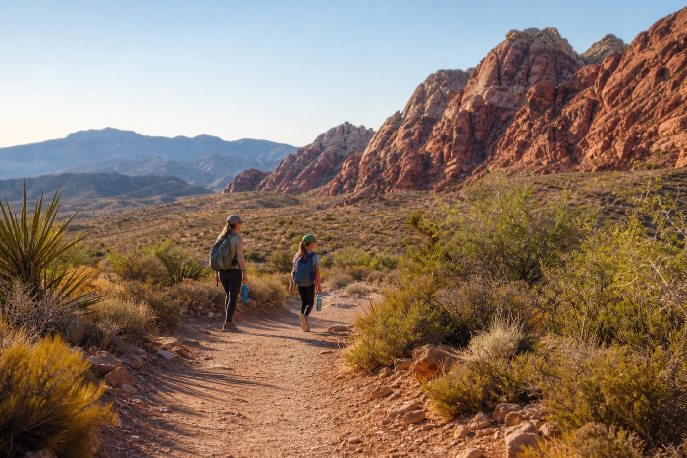 Early morning beginner hike near Las Vegas with desert trail and red rock foothills
