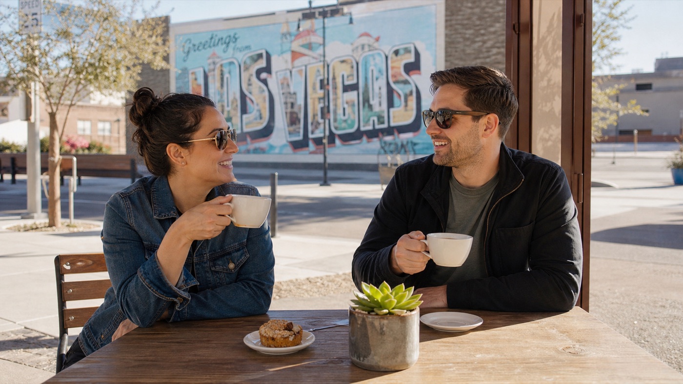 Couple on a low-cost Las Vegas daytime date near public art and coffee