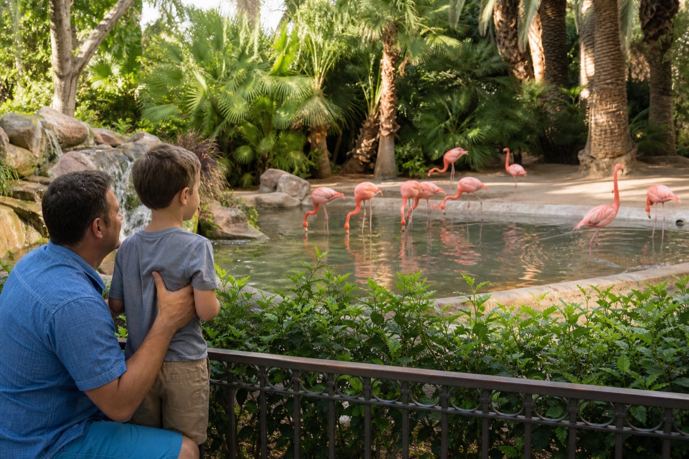 Child and parent watching flamingos near a shaded garden pond in Las Vegas
