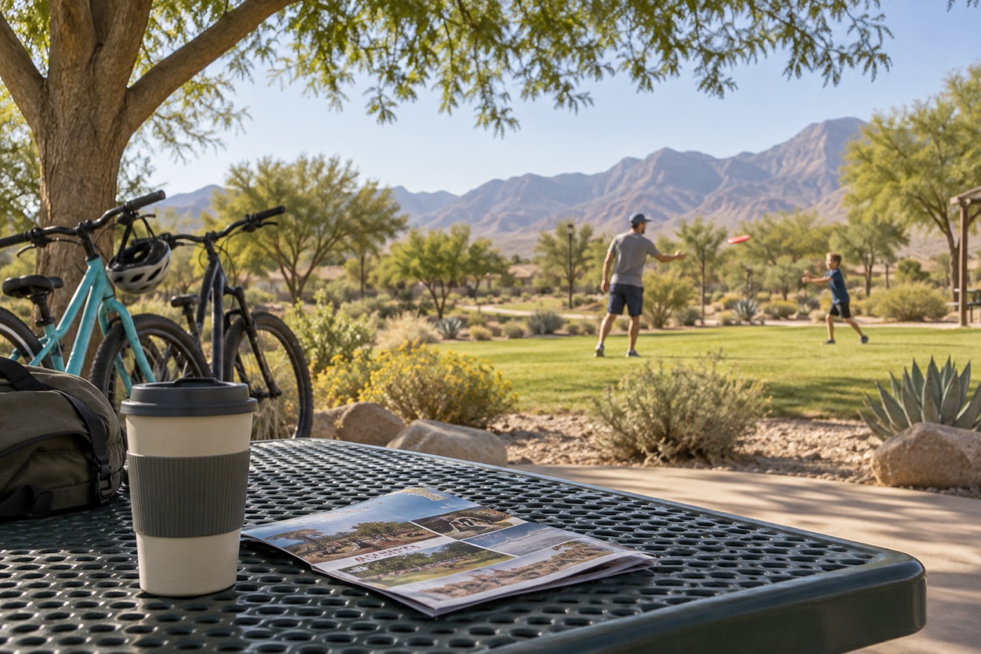 A quiet off-Strip Las Vegas weekend scene with bikes, a shaded picnic table, and a family playing nearby.